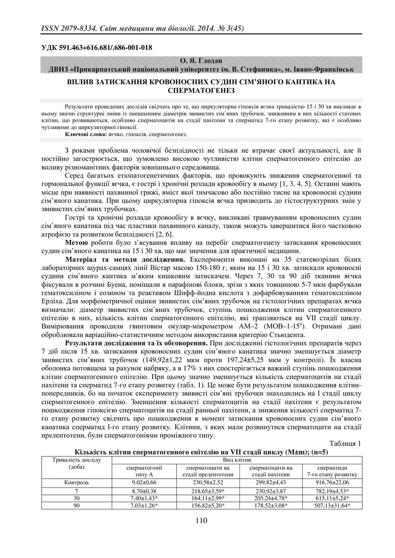 ВПЛИВ ЗАТИСКАННЯ КРОВОНОСНИХ СУДИН СІМ’ЯНОГО КАНТИКА НА СПЕРМАТОГЕНЕЗ