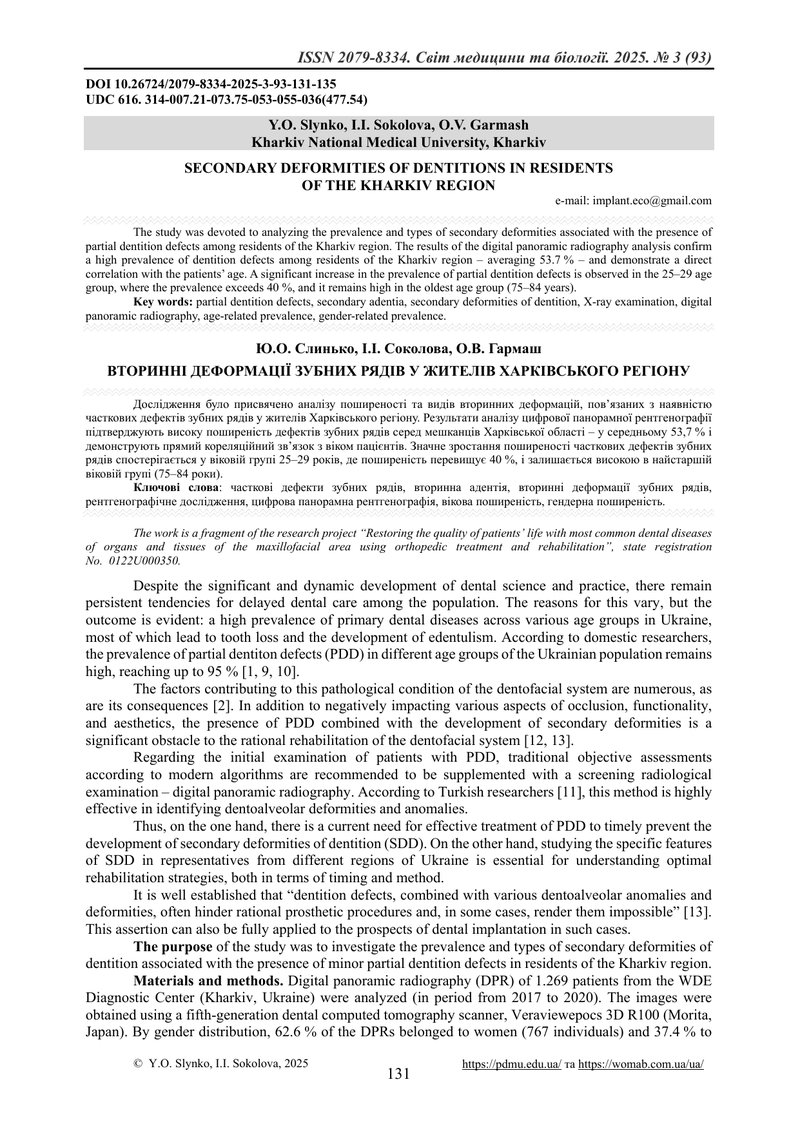 ВТОРИННІ ДЕФОРМАЦІЇ ЗУБНИХ РЯДІВ У ЖИТЕЛІВ ХАРКІВСЬКОГО РЕГІОНУ