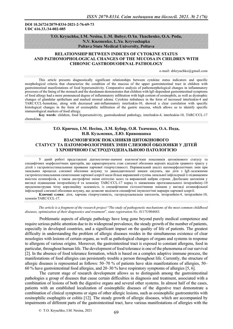 ВЗАЄМОЗВ'ЯЗОК ПОКАЗНИКІВ ЦИТОКІНОВОГО  СТАТУСУ ТА ПАТОМОФОЛОГІЧНИХ ЗМІН СЛИЗОВОЇ ОБОЛОНКИ У ДІТЕЙ З 