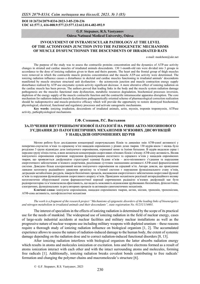 ЗАЛУЧЕННЯ ВНУТРІШНЬОМ’ЯЗОВОЇ ПАТОЛОГІЇ НА РІВНІ АКТО-МІОЗИНОВОГО З’ЄДНАННЯ ДО ПАТОГЕНЕТИЧНИХ МЕХАНІЗ
