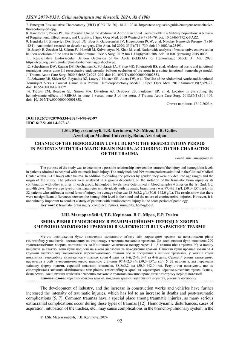 ЗМІНА РІВНЯ ГЕМОГЛОБІНУ В РЕАНІМАЦІЙНОМУ ПЕРІОДІ У ХВОРИХ  З ЧЕРЕПНО-МОЗКОВОЮ ТРАВМОЮ В ЗАЛЕЖНОСТІ В