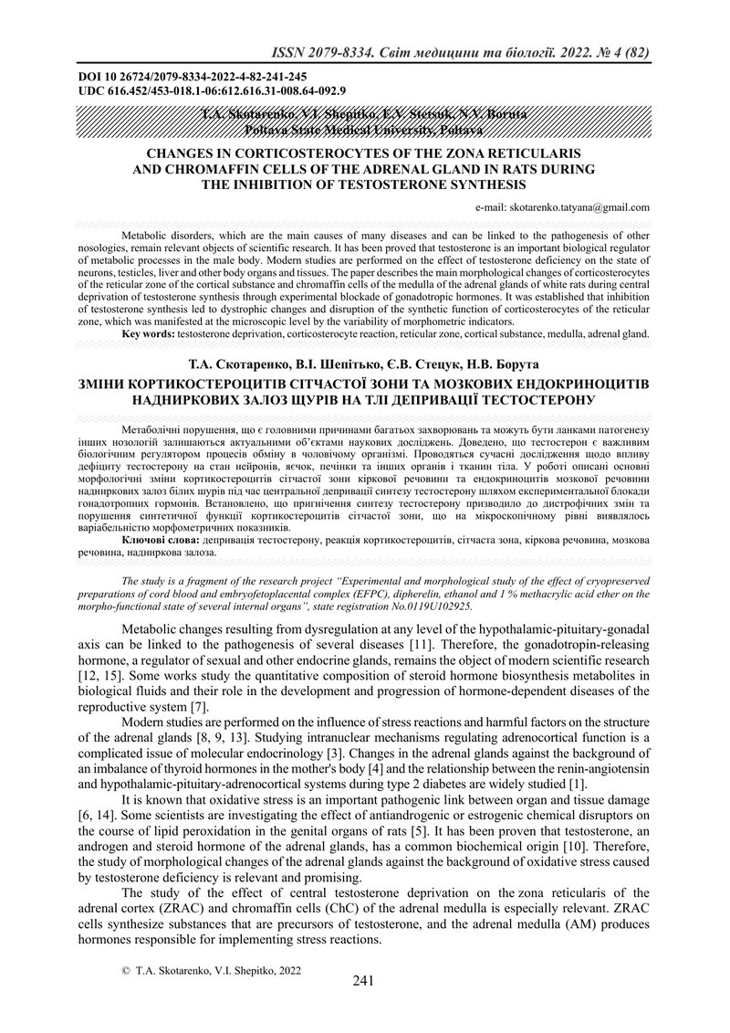 ЗМІНИ КОРТИКОСТЕРОЦИТІВ СІТЧАСТОЇ ЗОНИ ТА МОЗКОВИХ ЕНДОКРИНОЦИТІВ НАДНИРКОВИХ ЗАЛОЗ ЩУРІВ НА ТЛІ ДЕП