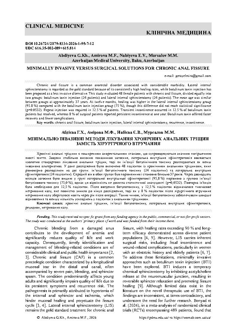 МІНІМАЛЬНО ІНВАЗИВНІ МЕТОДИ ЛІКУВАННЯ ХРОНІЧНИХ АНАЛЬНИХ ТРІЩИН ЗАМІСТЬ ХІРУРГІЧНОГО ВТРУЧАННЯ